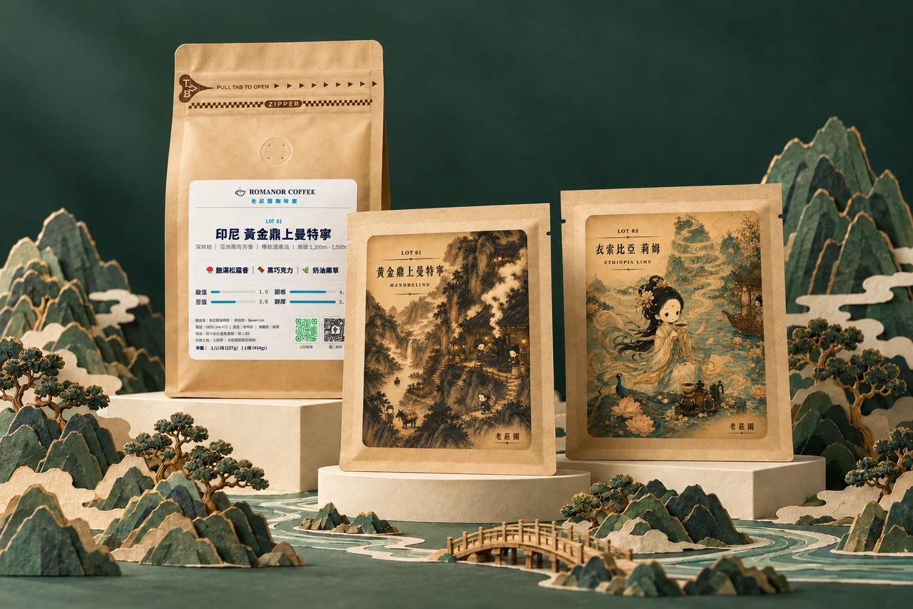 老莊園咖啡豆與濾掛，搭配延伸自包裝山水插畫的立體紙景；AI 創意情境