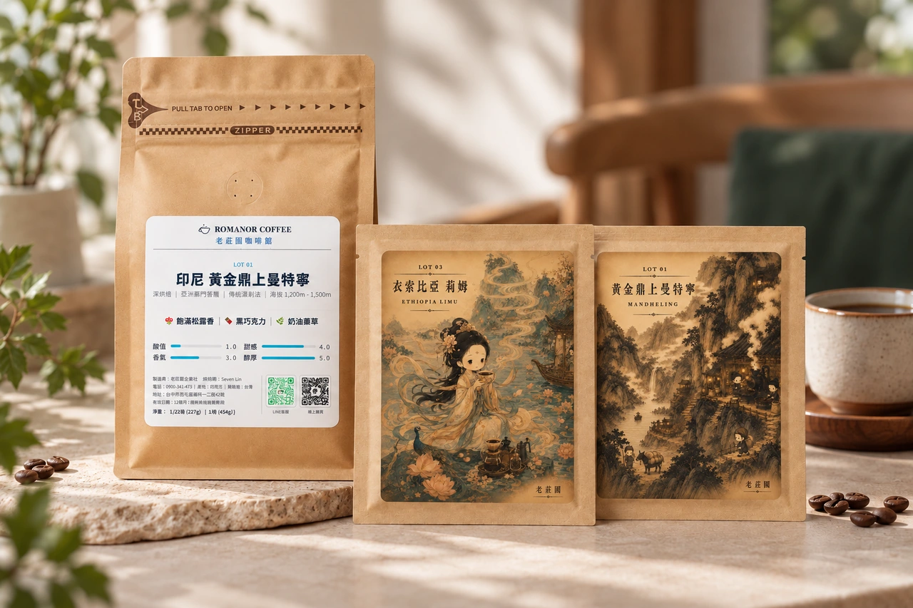 老莊園咖啡豆與濾掛包裝的 AI 情境展示