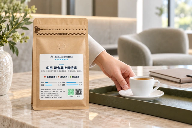 老莊園豆袋與遞上咖啡的接待情境,AI 示意